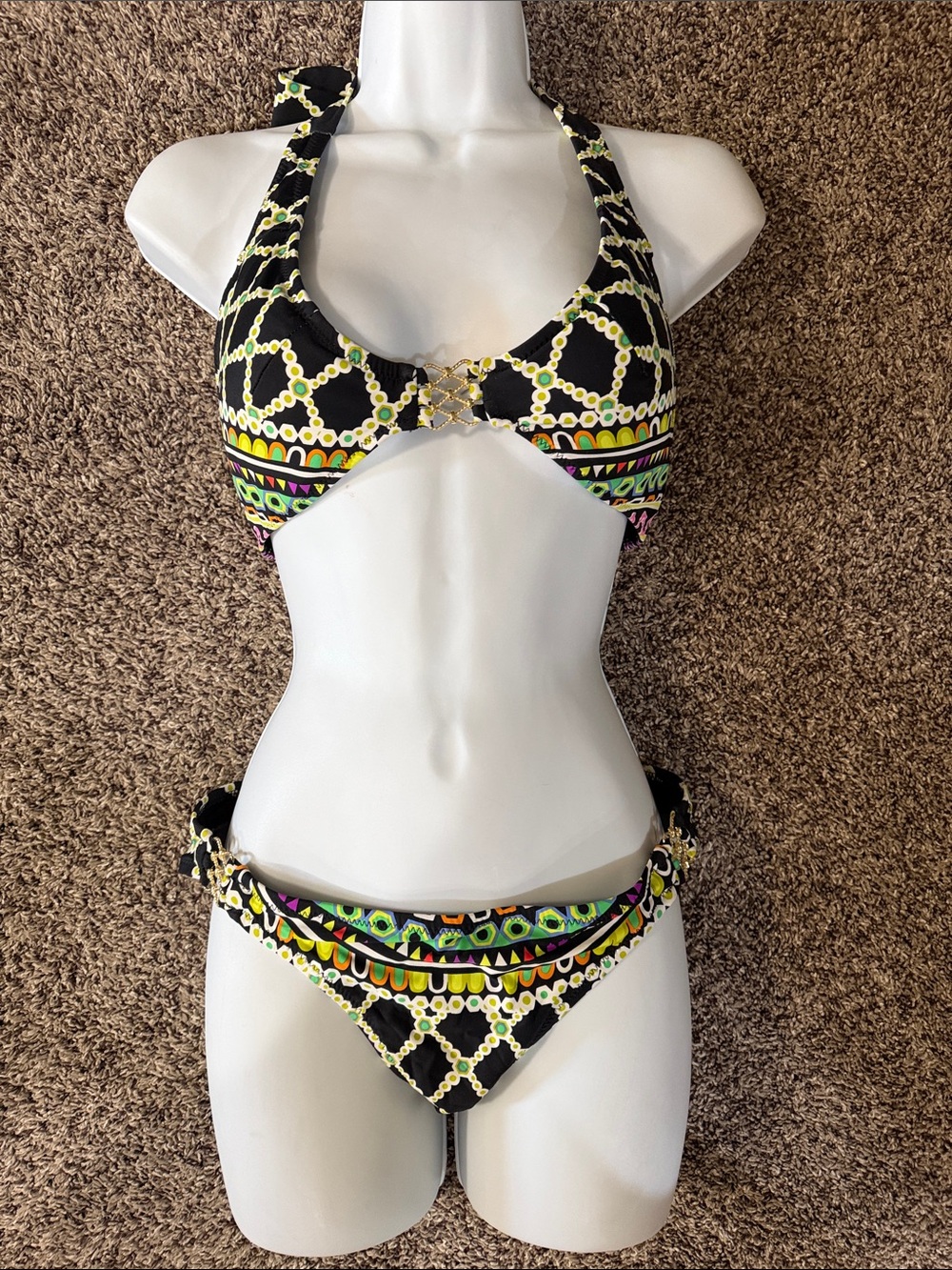 Trina Turk kontiki Black Multicolor Halter Bikini Swim Set Sz 6
